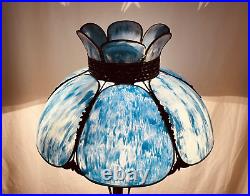 Antique Vtg Bent Slag Glass 8 Panel Lamp Shade Victorian Art Deco Turquoise Blue