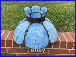 Antique Vtg Bent Slag Glass 8 Panel Lamp Shade Victorian Art Deco Turquoise Blue