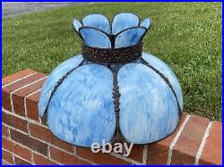 Antique Vtg Bent Slag Glass 8 Panel Lamp Shade Victorian Art Deco Turquoise Blue