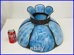 Antique Vtg Bent Slag Glass 8 Panel Lamp Shade Victorian Art Deco Turquoise Blue