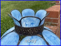Antique Vtg Bent Slag Glass 8 Panel Lamp Shade Victorian Art Deco Turquoise Blue