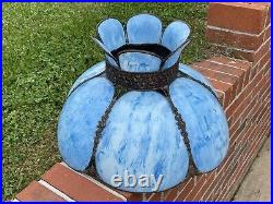 Antique Vtg Bent Slag Glass 8 Panel Lamp Shade Victorian Art Deco Turquoise Blue