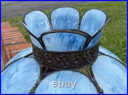 Antique Vtg Bent Slag Glass 8 Panel Lamp Shade Victorian Art Deco Turquoise Blue
