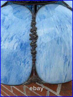 Antique Vtg Bent Slag Glass 8 Panel Lamp Shade Victorian Art Deco Turquoise Blue