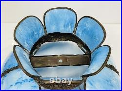 Antique Vtg Bent Slag Glass 8 Panel Lamp Shade Victorian Art Deco Turquoise Blue