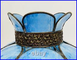 Antique Vtg Bent Slag Glass 8 Panel Lamp Shade Victorian Art Deco Turquoise Blue