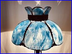 Antique Vtg Bent Slag Glass 8 Panel Lamp Shade Victorian Art Deco Turquoise Blue