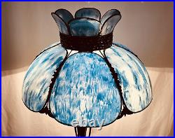 Antique Vtg Bent Slag Glass 8 Panel Lamp Shade Victorian Art Deco Turquoise Blue