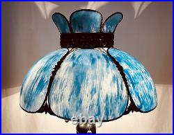 Antique Vtg Bent Slag Glass 8 Panel Lamp Shade Victorian Art Deco Turquoise Blue