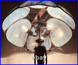 Antique Vtg Bent Slag Glass 8 Panel Lamp Shade Victorian Art Deco Turquoise Blue