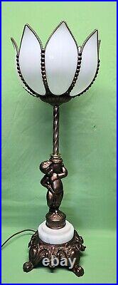 Antique Vtg Brass Cherub Table Lamp White Slag Glass Tulip Art Nouveau Deco
