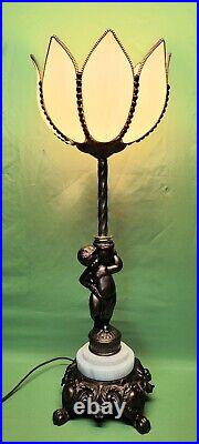 Antique Vtg Brass Cherub Table Lamp White Slag Glass Tulip Art Nouveau Deco