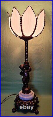 Antique Vtg Brass Cherub Table Lamp White Slag Glass Tulip Art Nouveau Deco