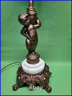 Antique Vtg Brass Cherub Table Lamp White Slag Glass Tulip Art Nouveau Deco