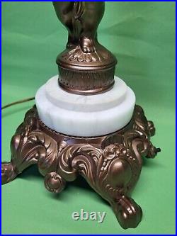 Antique Vtg Brass Cherub Table Lamp White Slag Glass Tulip Art Nouveau Deco