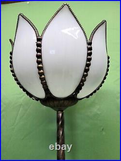 Antique Vtg Brass Cherub Table Lamp White Slag Glass Tulip Art Nouveau Deco