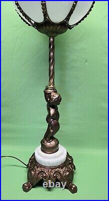 Antique Vtg Brass Cherub Table Lamp White Slag Glass Tulip Art Nouveau Deco