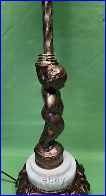 Antique Vtg Brass Cherub Table Lamp White Slag Glass Tulip Art Nouveau Deco
