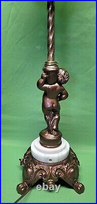 Antique Vtg Brass Cherub Table Lamp White Slag Glass Tulip Art Nouveau Deco