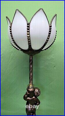 Antique Vtg Brass Cherub Table Lamp White Slag Glass Tulip Art Nouveau Deco