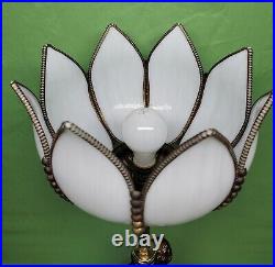 Antique Vtg Brass Cherub Table Lamp White Slag Glass Tulip Art Nouveau Deco