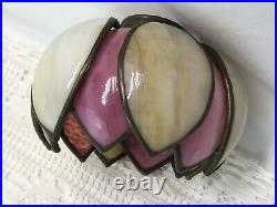 Antique Vtg Double Tulip Stained Glass Lamp Shade Bent Slag Pink Caramel 6, 2