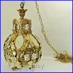 Antique/Vtg Ornate Gold Slag Glass Crystal Pull Chain Hanging Lamp Chandelier