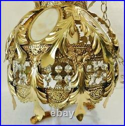 Antique/Vtg Ornate Gold Slag Glass Crystal Pull Chain Hanging Lamp Chandelier