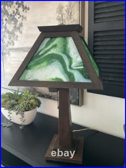 Antique W. B. Brown Arts & Crafts Mission Oak Slag Green Glass Lamp 24 WORKS EUC