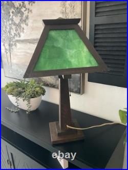 Antique W. B. Brown Arts & Crafts Mission Oak Slag Green Glass Lamp 24 WORKS EUC