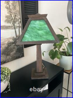 Antique W. B. Brown Arts & Crafts Mission Oak Slag Green Glass Lamp 24 WORKS EUC Antique W. B. Brown Arts & Crafts Mission Oak Slag Green Glass Lamp 24 WORKS EUC