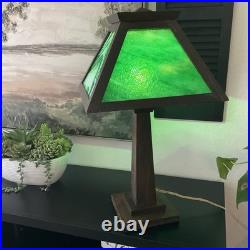 Antique W. B. Brown Arts & Crafts Mission Oak Slag Green Glass Lamp 24 WORKS EUC