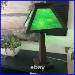 Antique W. B. Brown Arts & Crafts Mission Oak Slag Green Glass Lamp 24 WORKS EUC