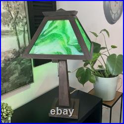 Antique W. B. Brown Arts & Crafts Mission Oak Slag Green Glass Lamp 24 WORKS EUC