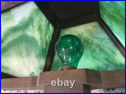 Antique W. B. Brown Arts & Crafts Mission Oak Slag Green Glass Lamp 24 WORKS EUC