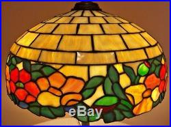 Antique Wilkinson Bronze Base Stain Leaded Mosaic Slag Glass Floral Lamp 3 Bulb