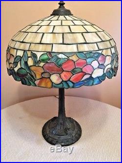 Antique Wilkinson Bronze Base Stain Leaded Mosaic Slag Glass Floral Lamp 3 Bulb