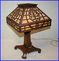 Antique Wooden Oak and Slag Glass Panel Table Lamp with Wooden Over Lays