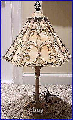 Antique Working 1920's Cast Iron Art Nouveau Deco Caramel Slag Glass Table Lamp