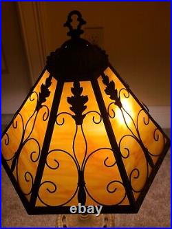 Antique Working 1920's Cast Iron Art Nouveau Deco Caramel Slag Glass Table Lamp