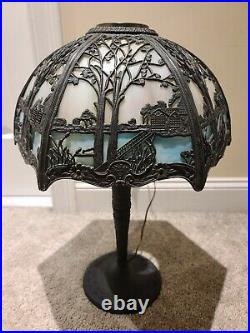Antique Working 1920's Miller Art Nouveau Blue & White Slag Glass Table Lamp 233