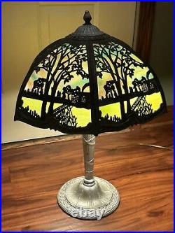 Antique Working 1920's Nouveau Multicolor Slag Glass Table Lamp 23 READ