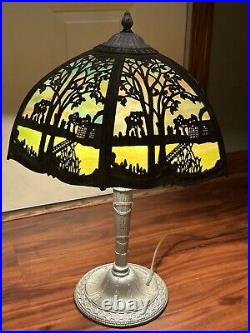 Antique Working 1920's Nouveau Multicolor Slag Glass Table Lamp 23 READ