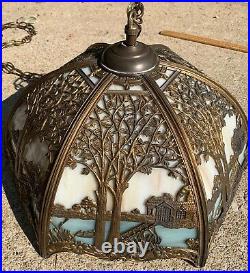 Antique Working Art Nouveau Blue & White Slag Glass Hanging Lamp