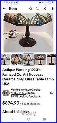 Antique Working Art Nouveau Slag Glass Table Lamp USA