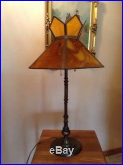 Antique amber slag stained glass 26 cast iron heavy table lamp Art Deco