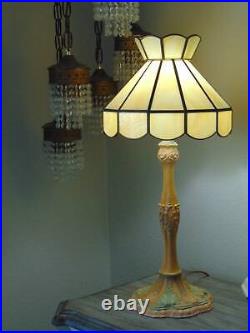 Antique art nouveau spelter metal HAND PAINTED LAMP & SLAG GLASS SHADE 26 1/2