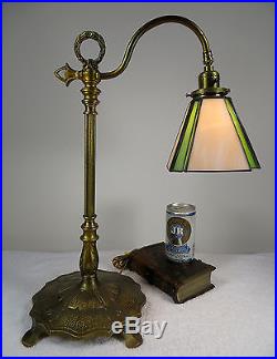 Antique brass & iron desk top bridge lamp-12 panel slag glass shade-1920-1940