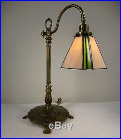 Antique brass & iron desk top bridge lamp-12 panel slag glass shade-1920-1940