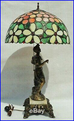 Antique c1910 Art Nouveau Leaded Slag Glass Figural Woman Spelter Table Lamp